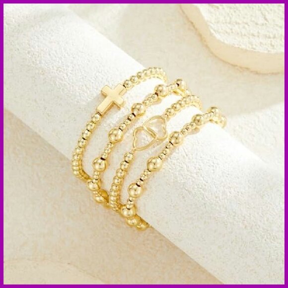 14K Gold Plated Beaded Bracelets Cross Necklace Set 6PCS Stackable - Picture 5 of 6